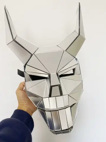 Disco Glitter Mirror Horned Demon Mask Cosplay 3D Fox Helmet Mirror Glass Masque Costume Mask for Bar DJ Club Carnaval Party