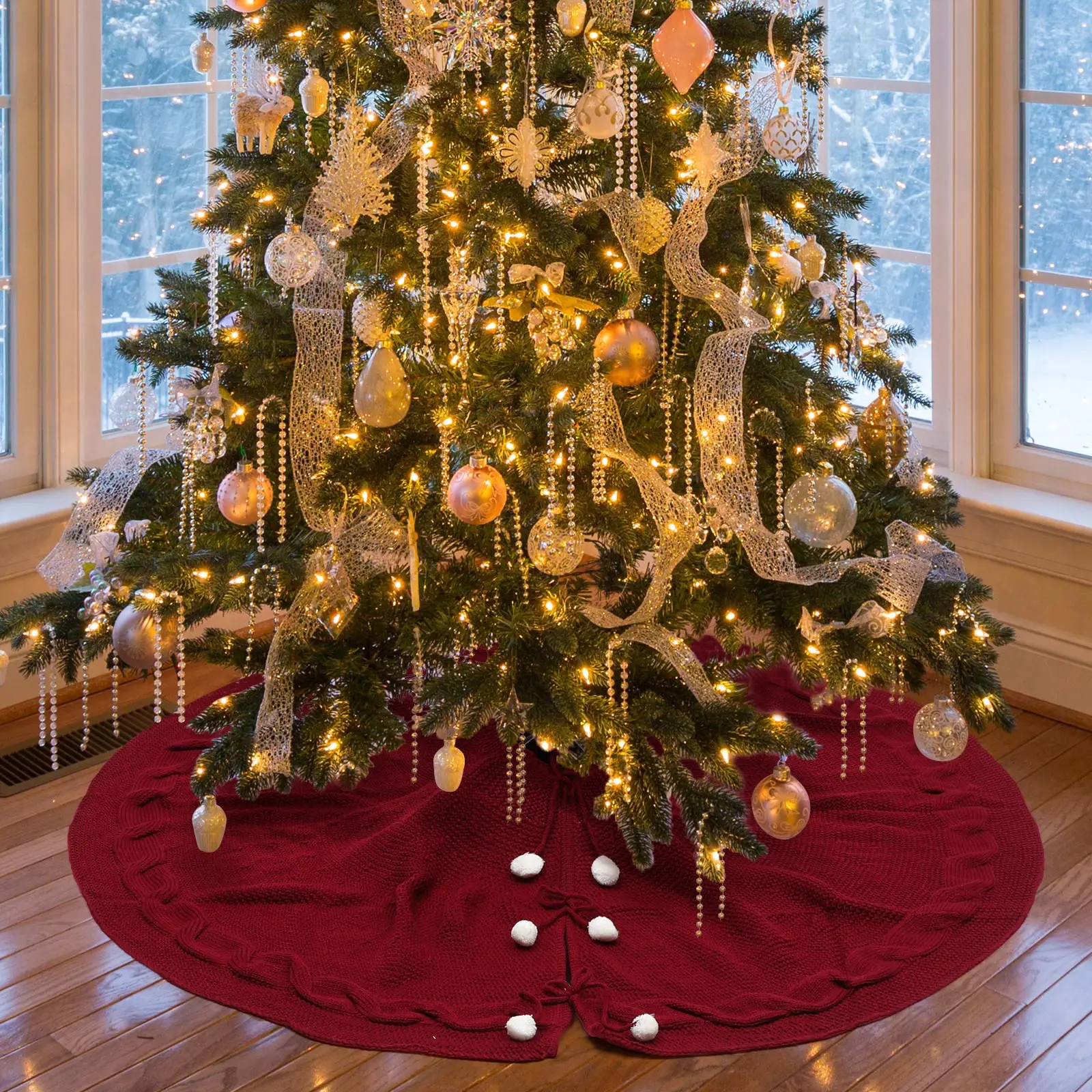 

1pc Christmas Tree Skirt Knitted Wool Imitation Decorative Cover Holiday Home Party Decoration Red Color Festival Atmosphere