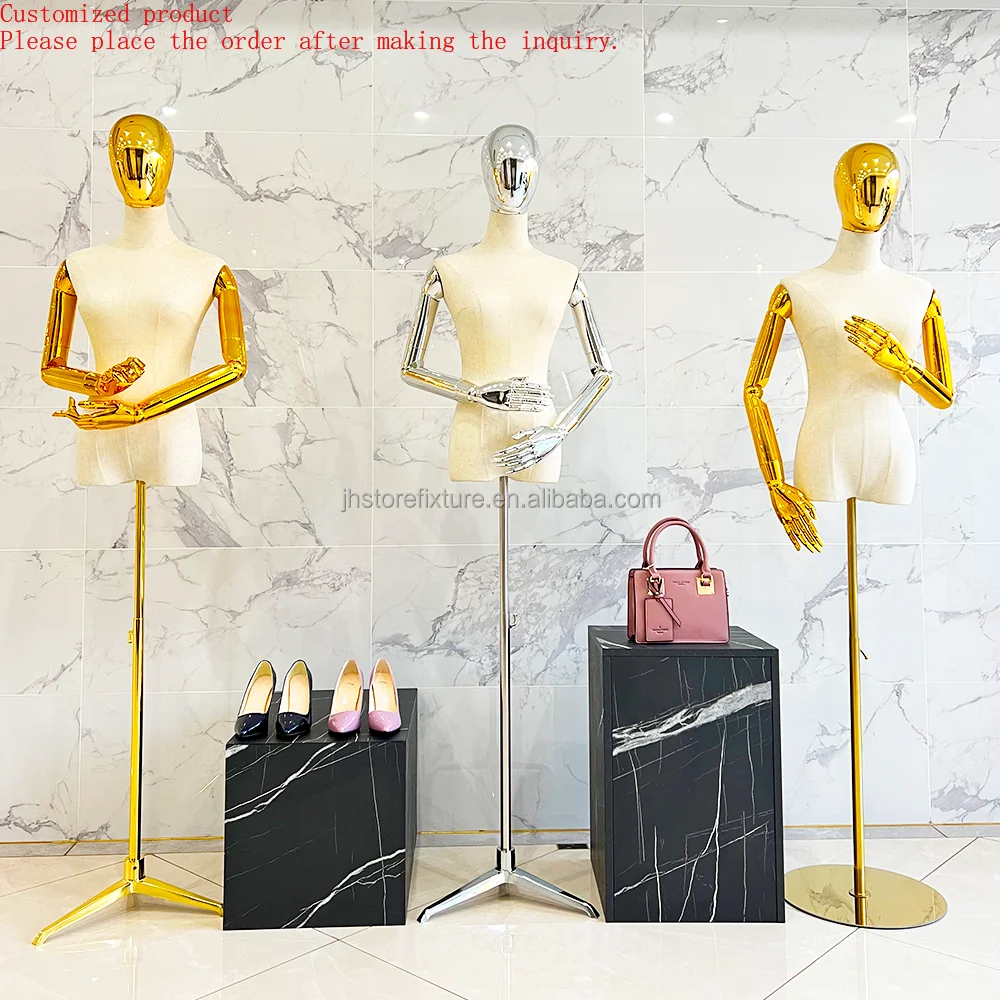 

Boutique Half Body Electroplating Shiny Gold Chrome Mannequin Female Display Clothes for Store