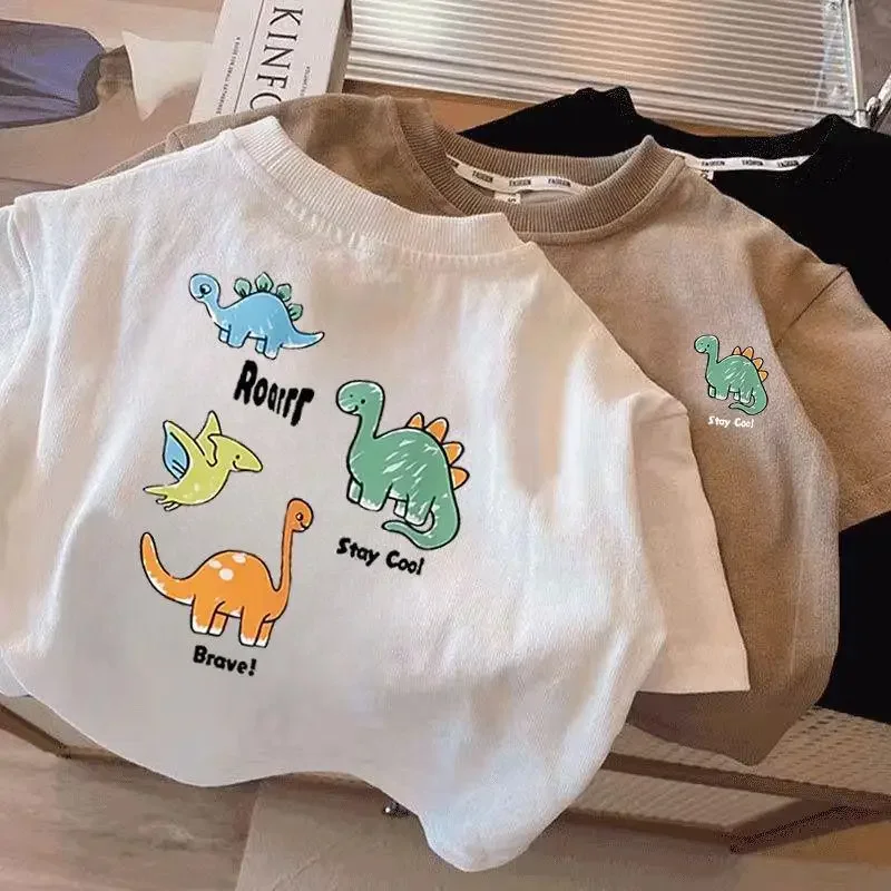 Latest summer children's pure cotton T-shirt - Cute colorful dinosaur print, comfortable and breathable top for boys and girls