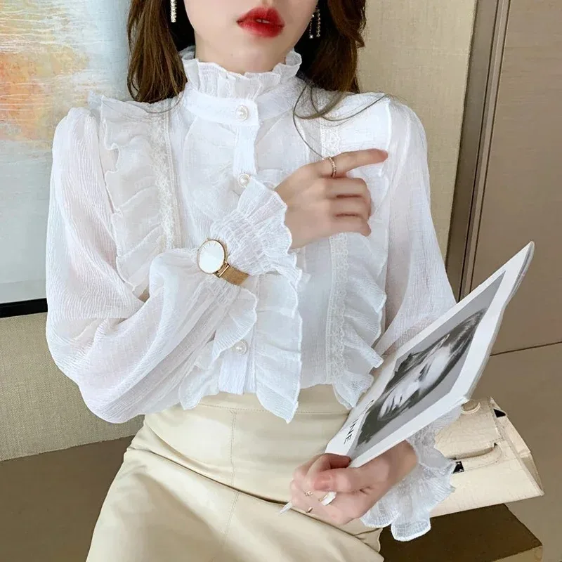 Sweet Chic Long Sleeve Stand Collar Blouse Women Casual Loose White Shirt Korean Style Lace Ruffle Chiffon Clothing Blusas 13433