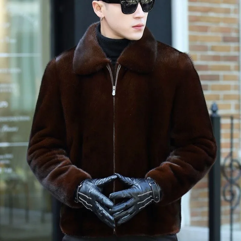 2023 Autumn Winter Jackets New Mink Zipper Solid Color Men's Casual Fashion Imitation Fur with Hat Flip Collar Coat C24