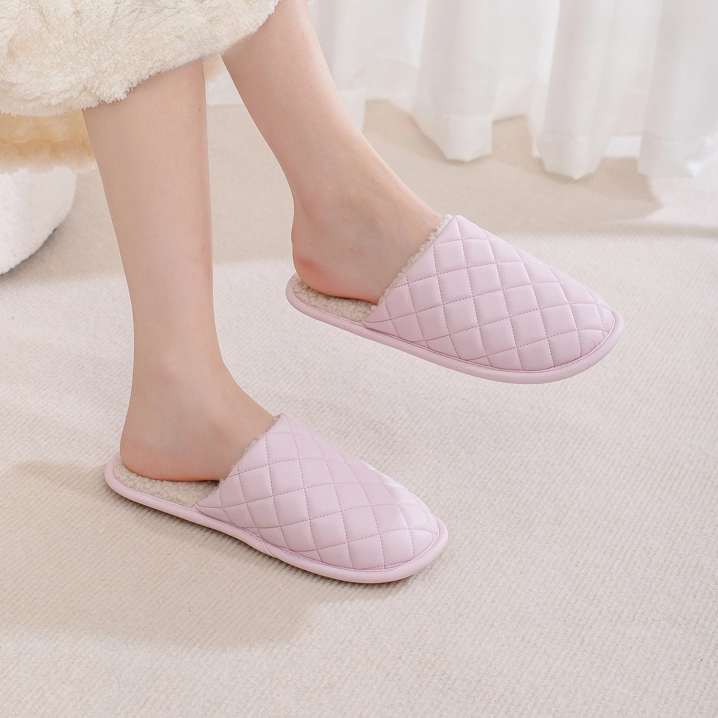 

Cozy Winter Women's Cotton Slippers Featuring PU Leather Diamond Grids Coral Fleece Women's Slippers Indoor Living in Winter