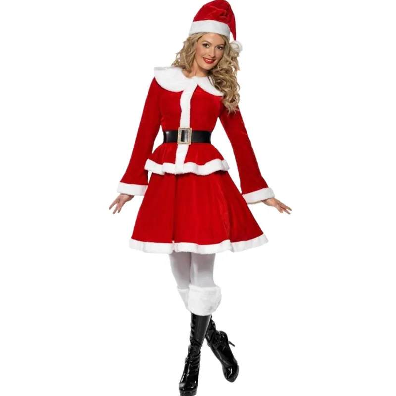 

Christmas Cosplay Costume Sexy Red Top Skirt Belt Hat Four Pieces Set Theme Party Role Playing Outfit Adult Women
