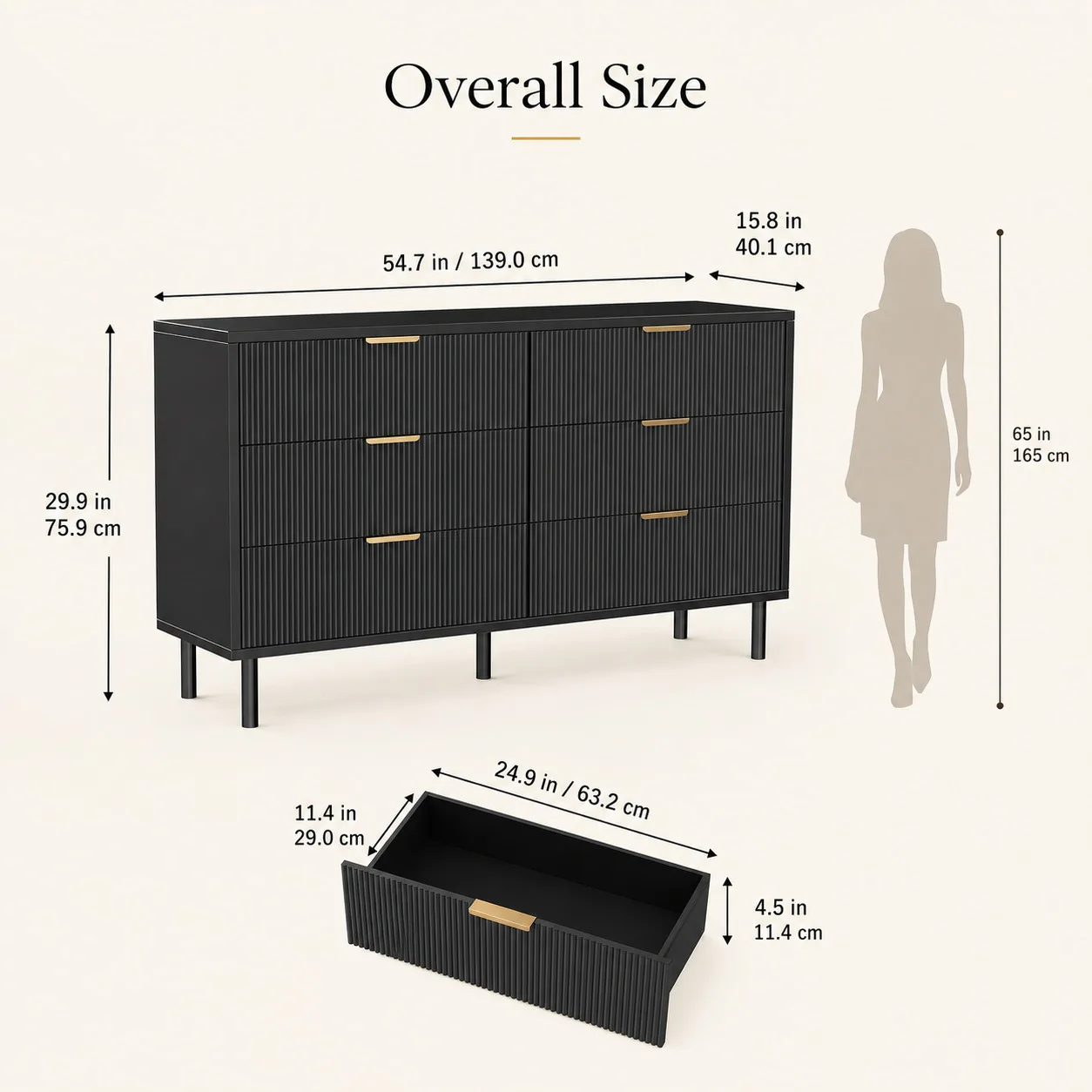 6 Drawer Storage Chest with Fluted Front Design, Wide Wood Dresser Cabinet with Metal Base for Home Organization image 7
