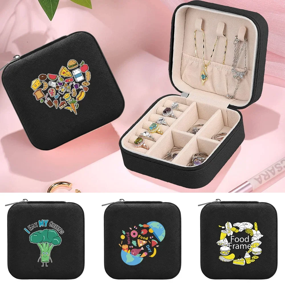 Women's Jewelry Storage Box Mini Square Jewel Case with Zipper PU Leather Waterproof Food Series Jewels Organizer Boxes