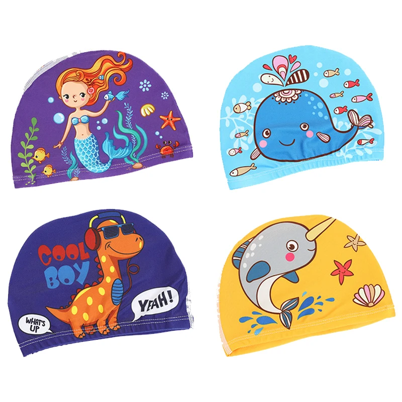 Gorros de natación para niños, niños y niñas, lindos sombreros de playa de dibujos animados, cómodos sombreros de tela, gorros de natación
