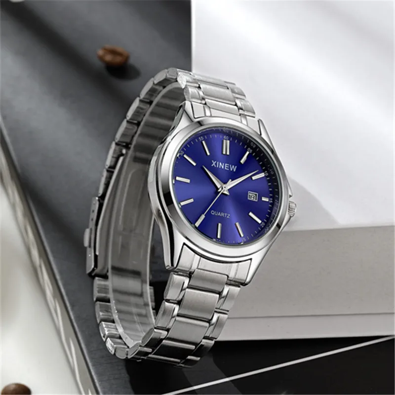 1pc / lot XINEW Brand Men Watches Silver Students Fashion Full Steel Band Simple Date Quartz Watch Reloj Hombre Montre Homme