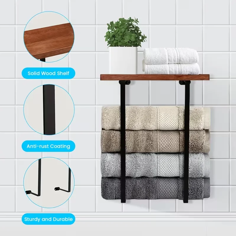 A Double Pole Towel Rack for The Bathroom That Is Wall-Mounted And Does Not Require Drilling. Made of Ironwood, This Minimalist