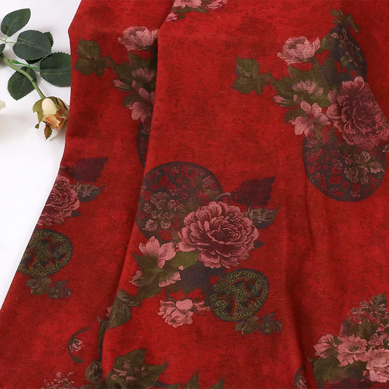 Tela de Lana y Seda Estampada con Peonías Rojas, Estilo Chino, 1 Metro, Nueva, Gruesa y Cálida, para Ropa Interior Térmica, Telas para Coser