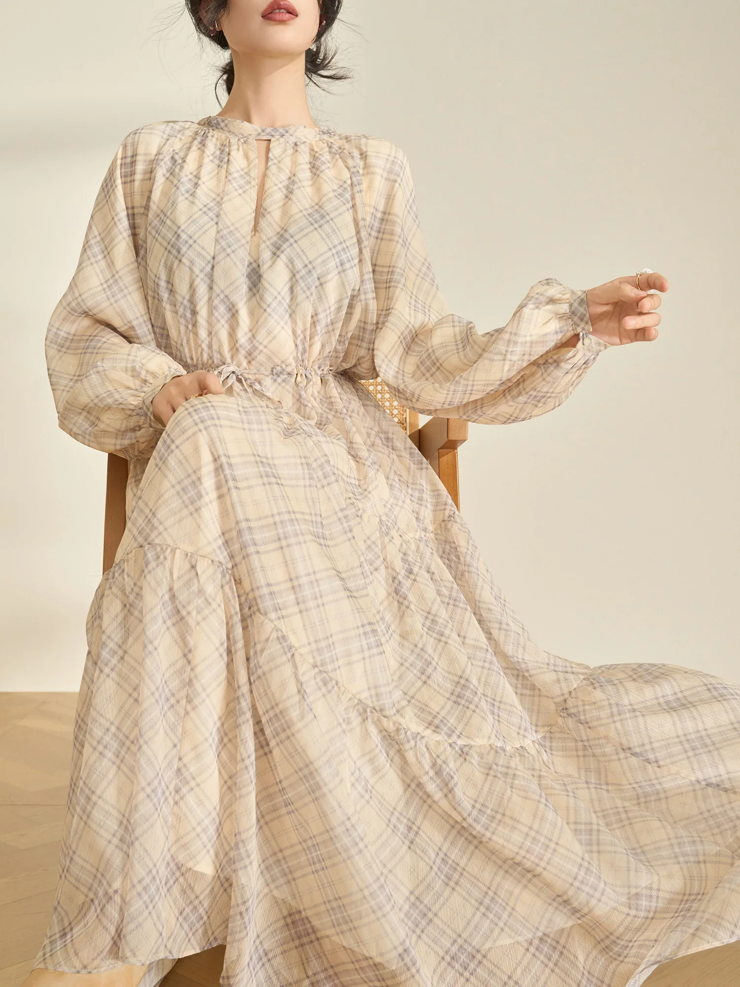 

Spring New Sle Flowing Era Plaid Dstring Chiffon Dr Women's Beautiful Waist-Cinching Skirt Commute Sle Long Sve