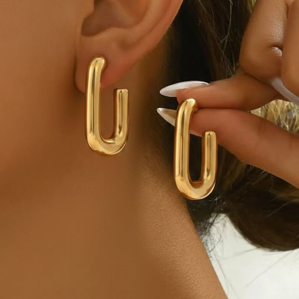 1Pair Gold U-Shaped Hoop Earrings Chunky Geometric Earrings Minimalist Style for Women Daily Wear Holiday Gift