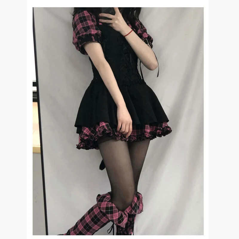 Lolita Harajuku Women Dresses Plaid 2022 Kawaii Fairy Clothes Short Sleeve Midi Dress Bow Strap Cottagecore Robe Student