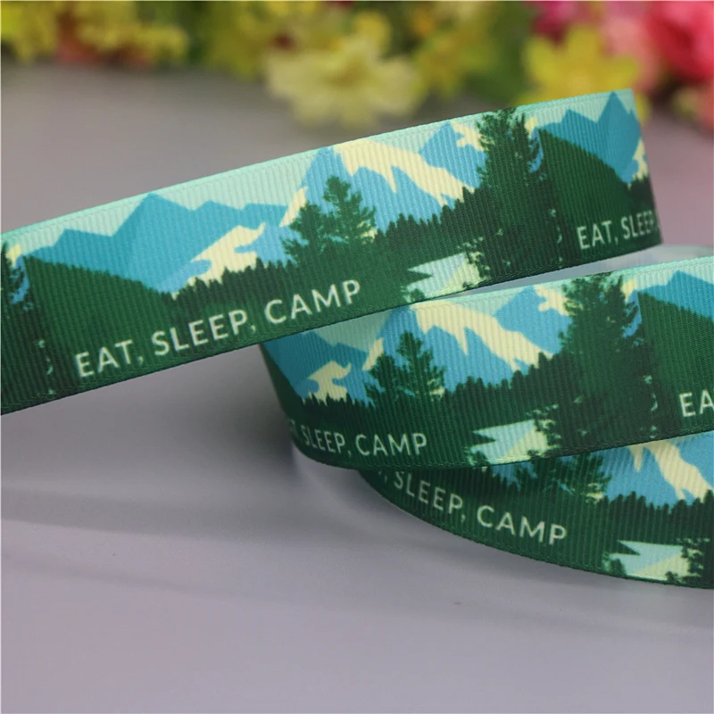 DHK 7/8\'\' 5yards Camp Life Outdoor Printed Grosgrain Ribbon Accessories Material Headwear Decoration DIY Sewing Craft C2069