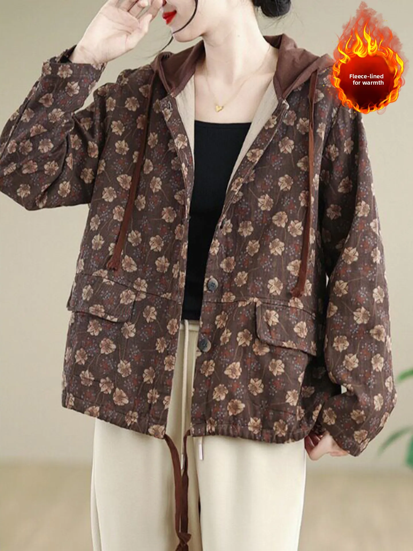 Korean Style Oversized Warm Fleece Lined Hooded Casual Print Outerwear plus Size Women's Autumn Winter Open Cardigan