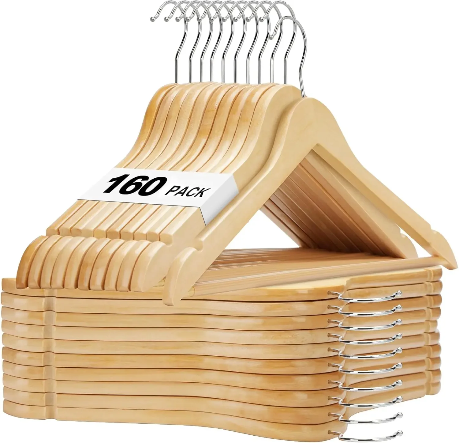 

Bulk Wooden Hangers 160 Pack, Solid Wood Hanger with Non Slip Pant Bar, Heavy Duty Wooden Coat Hanger for Closet