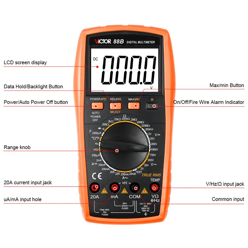 Victor 88B Digital Multimeter Ture RMS 2000 Counts LCD Tester New Capacitance Resistance Manual Range with Temperature Frequency