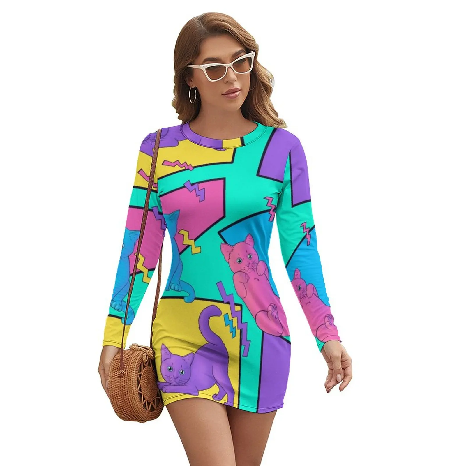

Colorful cats and zig zags Long-sleeved Dress Long dress Women's clothing