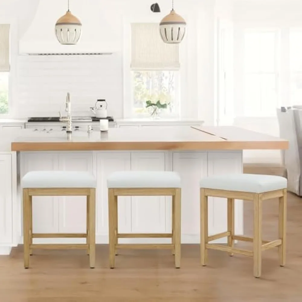 Juego de 3 taburetes de cocina blancos, estilo granja, respaldo moderno con asiento de piel sintética