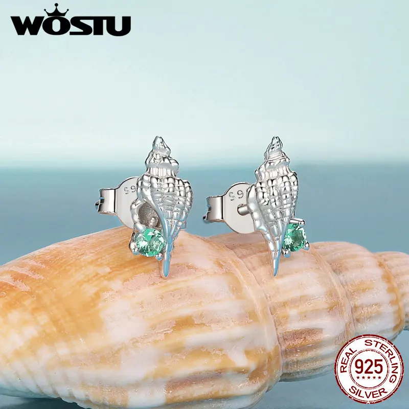WOSTU 925 Sterling Silver Seashell Studs Earrings Starfish Ear Stud with Transparent Glass For Women Fine Jewelry Summer Gift