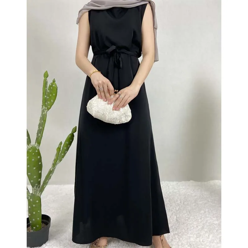 

Muslim Sleeveless Long Dress Women Inner Abayas Black White Islamic Maxi Sundress Elegant Kaftan Evening Robe Vistidos Musulmana