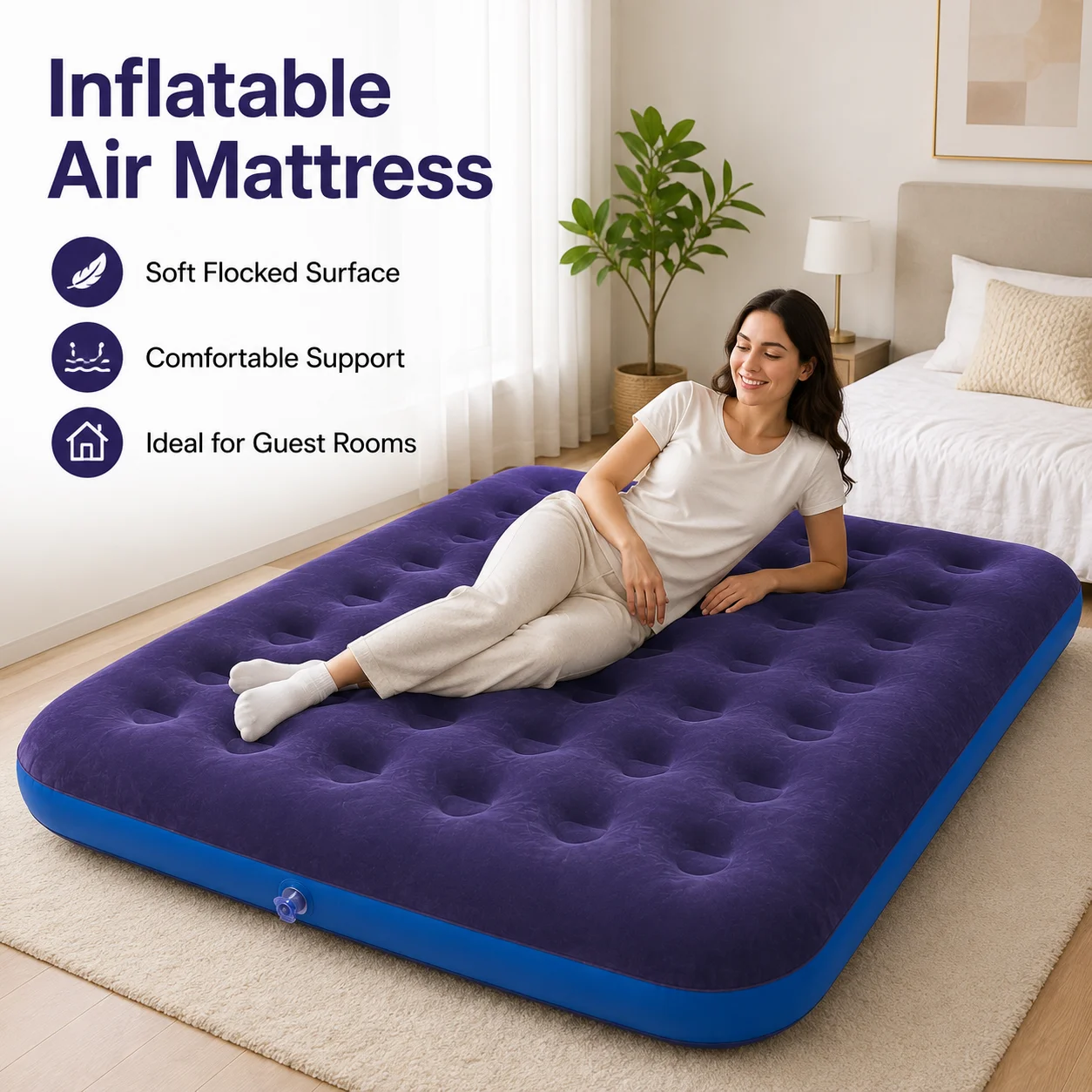 1PC Inflatable Air Mattress Air Bed, Quick Inflation Valve, Flocked Surface Thick Durable Portable Travel Camping Guest Bed