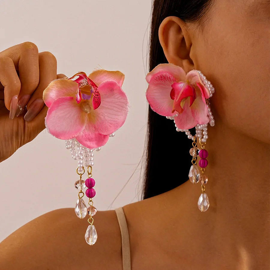 

Bohemian Big Butterfly Flowers Dangle Earrings for Women Pearl Crystal Beads Long Tassel Earrings Summer Beach Ear Accessories