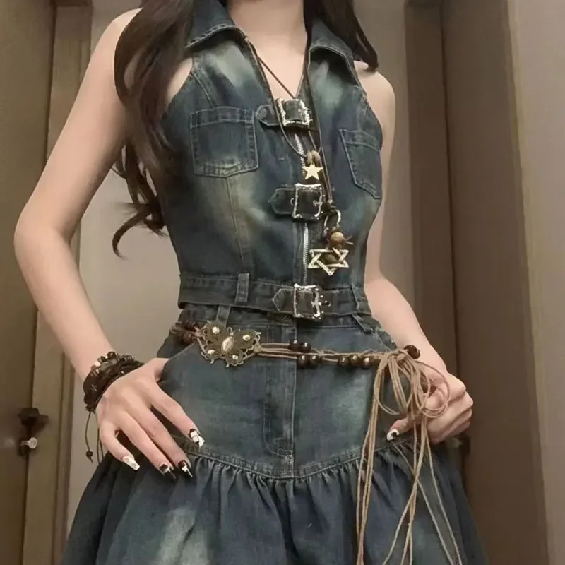 

Vintage Sleeveless Denim Matching Sets Two Piece Set Women's Clothing Fashion Lapel Summer High Waist Pleated Mini Skirts Sets
