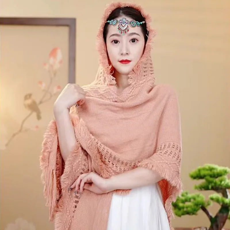 

Путешествия, вязаная шаль в шапке, женская шаль в этническом стиле, туристическая фотография, накидка нового стиля.