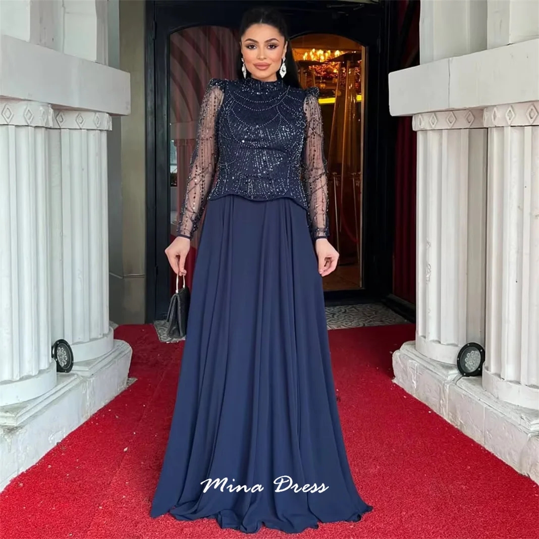 

Mina Customized Blue Women Evening Dress Sequins. Long Sleeves Womens Dresses for Special Occasions Beads Round Neck Party Prom