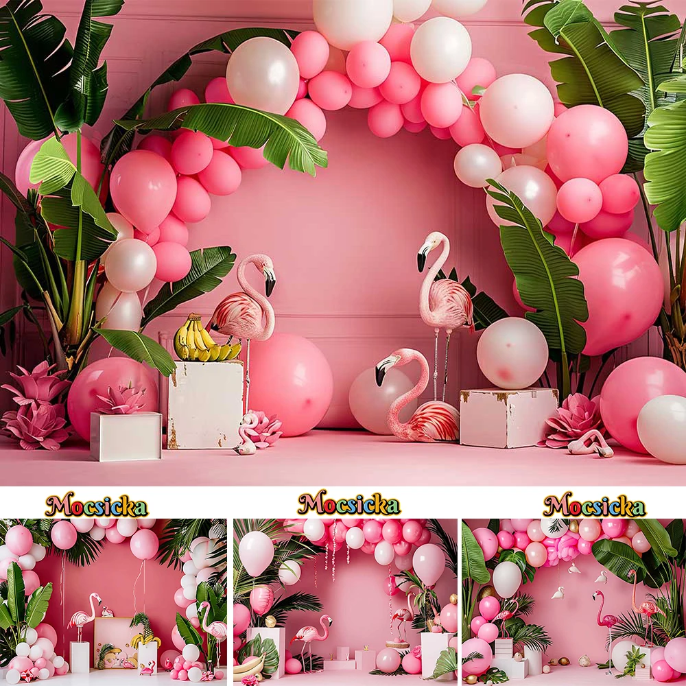 Flamingo Birthday Theme Party Background for Girl Pink Balloon Wall Tropical Palm Leaves Backdrop Baby Show Cake Smash Photocall