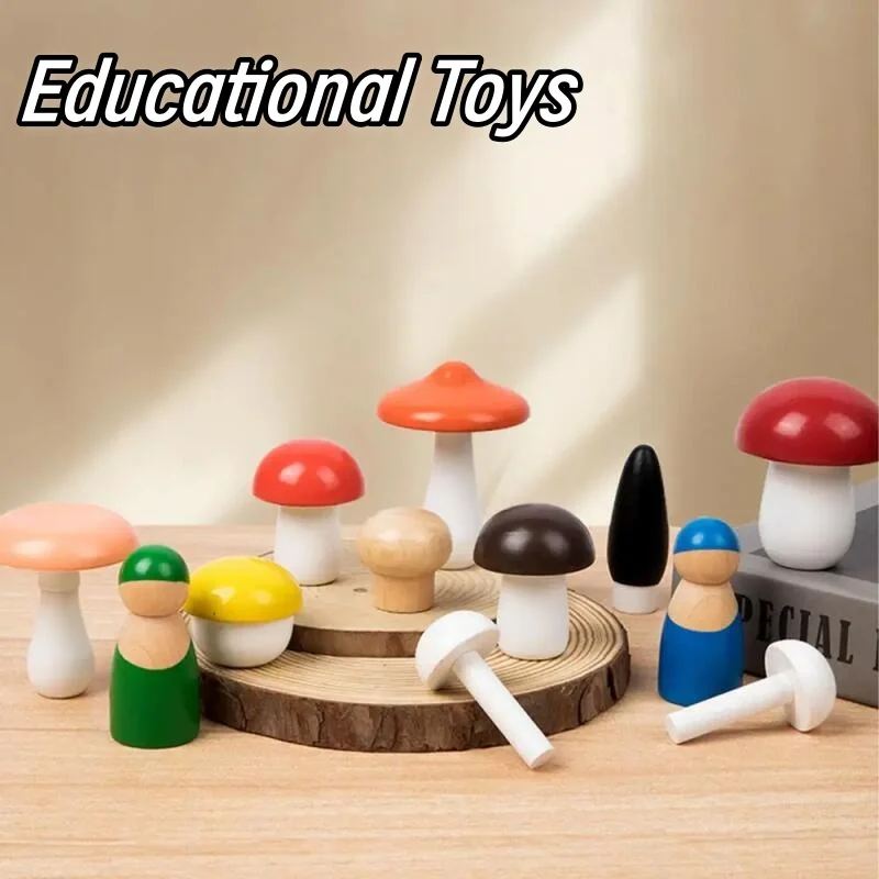 A Set Wooden Mushroom Matching Game Color Shape Cognition Toy Learning Set Smooth Edges for Easter Gift Kids Toddler