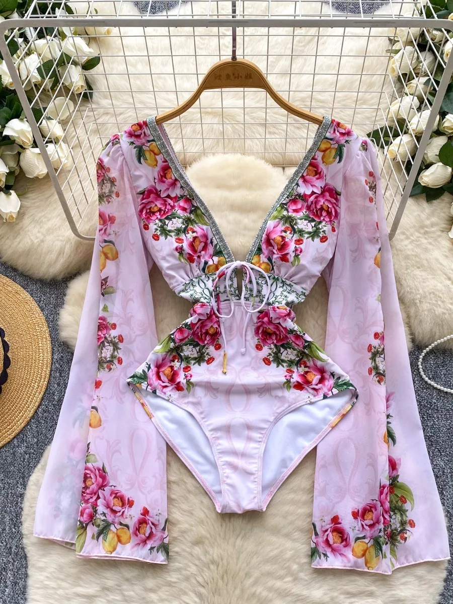 

Foamlina 2025 Autumn Sexy V Neck Flared Sleeve Print Bodysuit Long Sleeve Flower Print Backless Jumpsuit Shirt For Women
