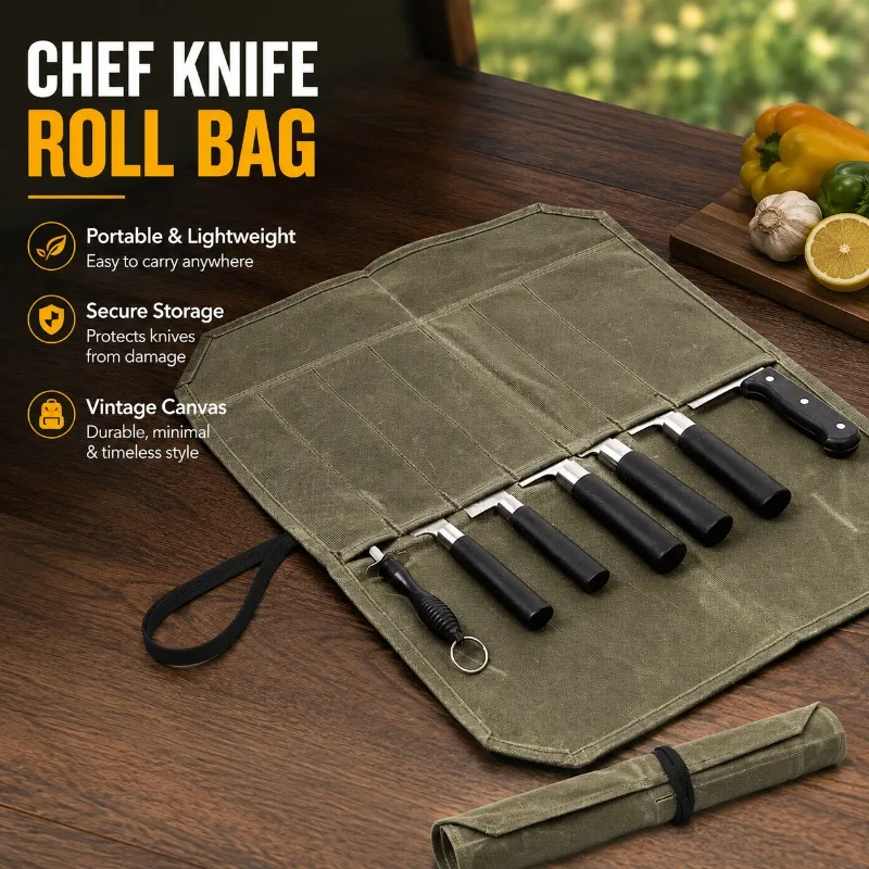 

Canvas Roll-up Knife Storage Bag Portable Chef Tool Pouch Suitable for Western and Chinese Kitchen Knives Durable Roll Style