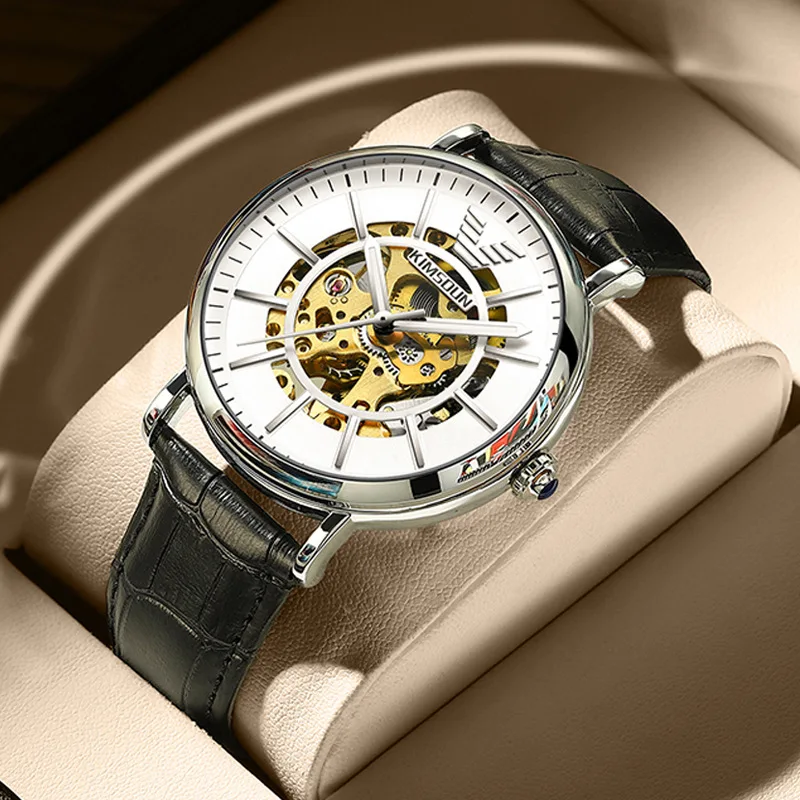 Stainless Steel Minimalist Full Skeleton Tourbillon Luminous Waterproof Precision Leather Strap SelfWind Automatic Watch for Men