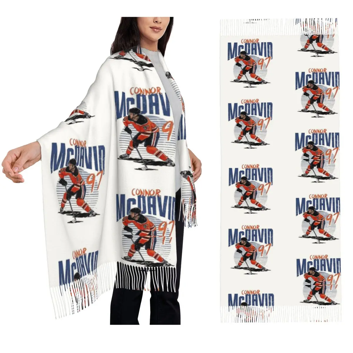 

Connor McDavid 97, шарф для фанатов Edmonton Oilers, шарфы с кисточками для женщин, шали и накидки, большая осенне-зимняя шаль