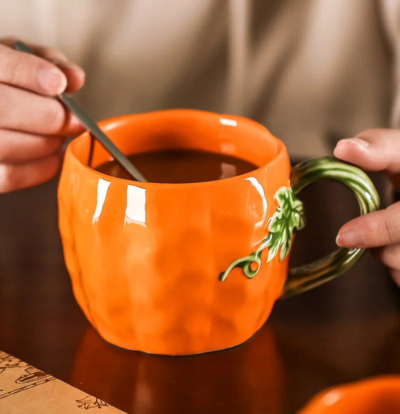 Pumpkin Shaped Ceramic Mug Cute Orange Coffee Cup with Vine Handle Halloween Home Tabletop Drinkware for Tea Milk Hot Beverage