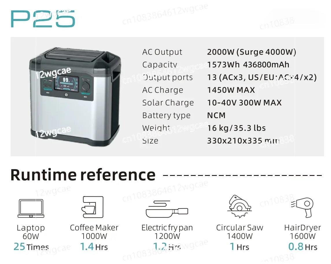 P25 2000W Portable Power Station PD60W Fast Charge 436800mAh Powerful Powerbank for Outdoor Blackout  Camping