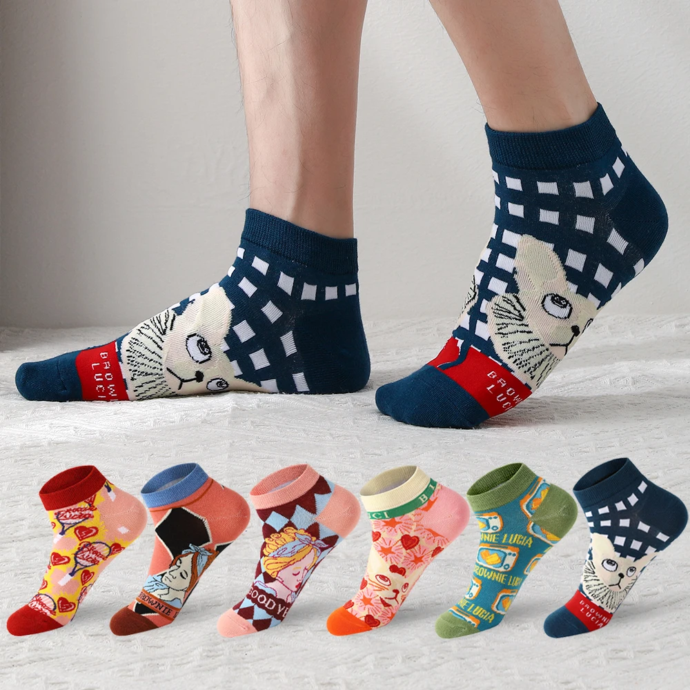 6 pair/batch Fashion Cartoon cat Men\'s Short Socks Soft Breathable Cotton Casual Socks Male boat Socks Cotton women ankle Socks