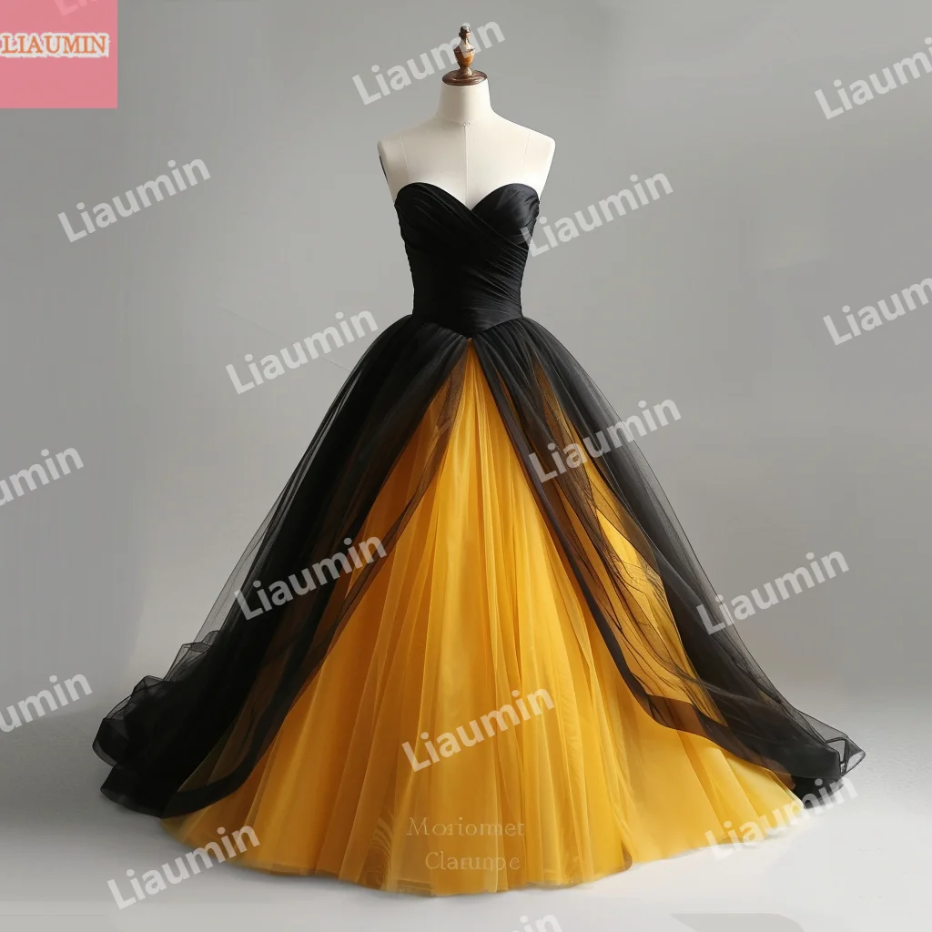 Classic Custom Made Yellow And Black Tulle Ball Gown Strapless Prom Dress Lace Up Back Evening Formal Party Clothing W15-52.1