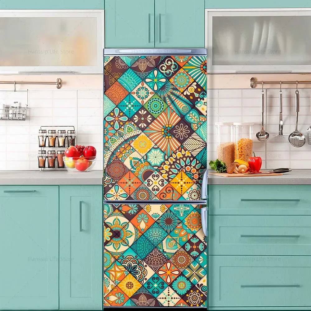 INS Fridge Door Wrap Vinyl Sticker, Kitchen Refrigerator Door Wallpaper Decal, Freezer Covering Art Poster Peel and Stick Mural