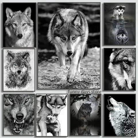 Black and White Forest Wolf Head Wall Art Wildlife Wolf Poster Oil Painting Decoration Painting Nordic Style Office Home Decor