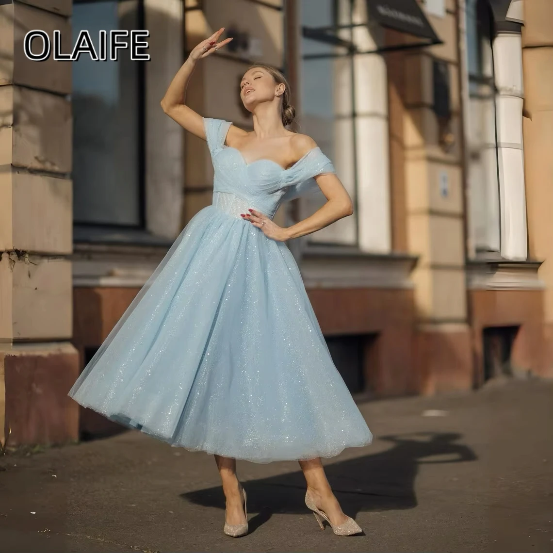 

Olaife Short A-line Homecoming Dresses Glitter Tulle Off Shoulder Pleats Zipper Tea Length فساتين سهره نسائيه فخمة