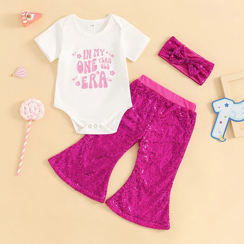 

Suefunskry Baby Girl 1st Birthday Outfits Letter Print Short Sleeve Romper Sequins Flare Pants Headband 3Pcs Summer Clothes Set