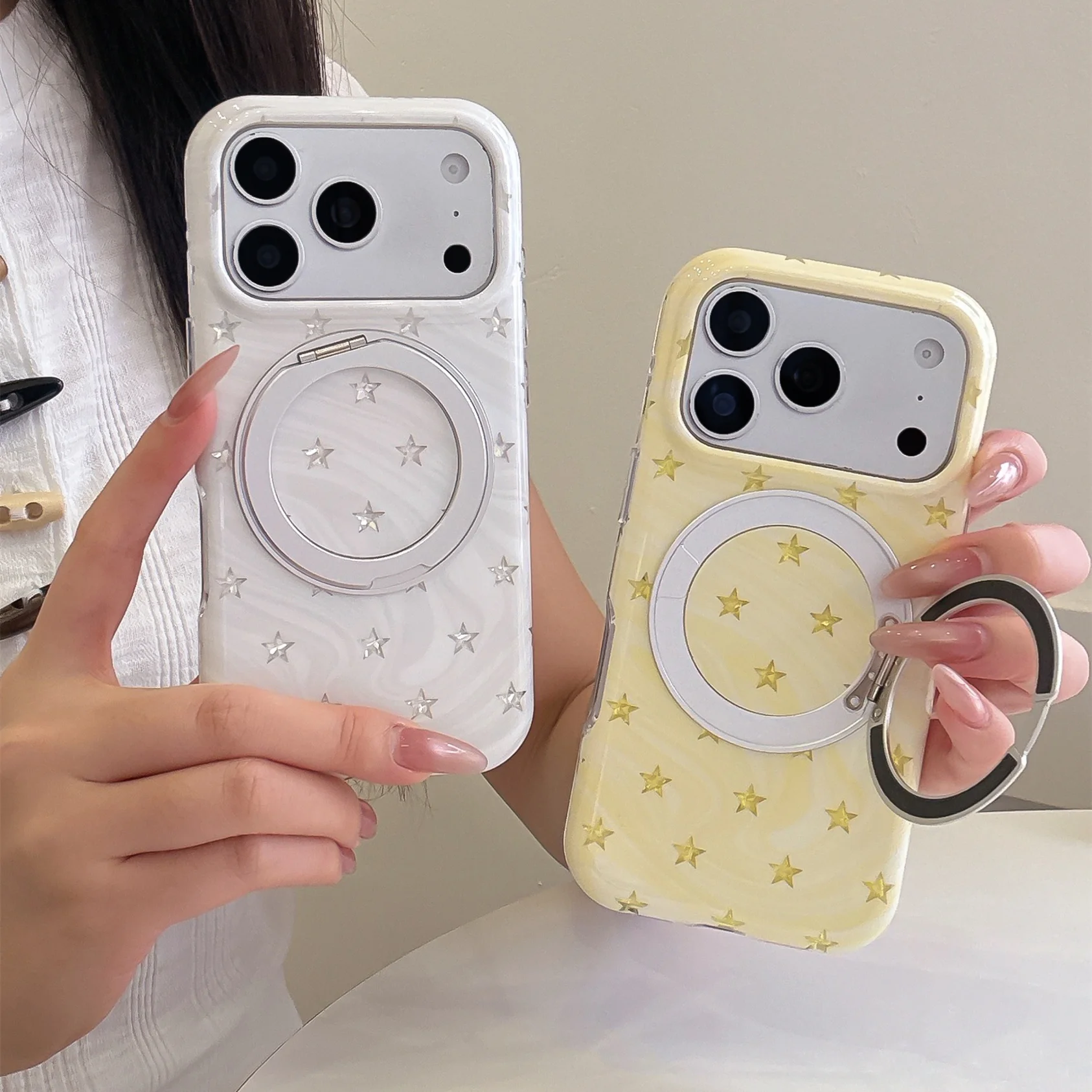 Fashion Gold Silver Star Wave Print Magnetic Rotatable Ring Stand Phone Case For iPhone17 16 15 Pro Max Shockproof Soft Cover