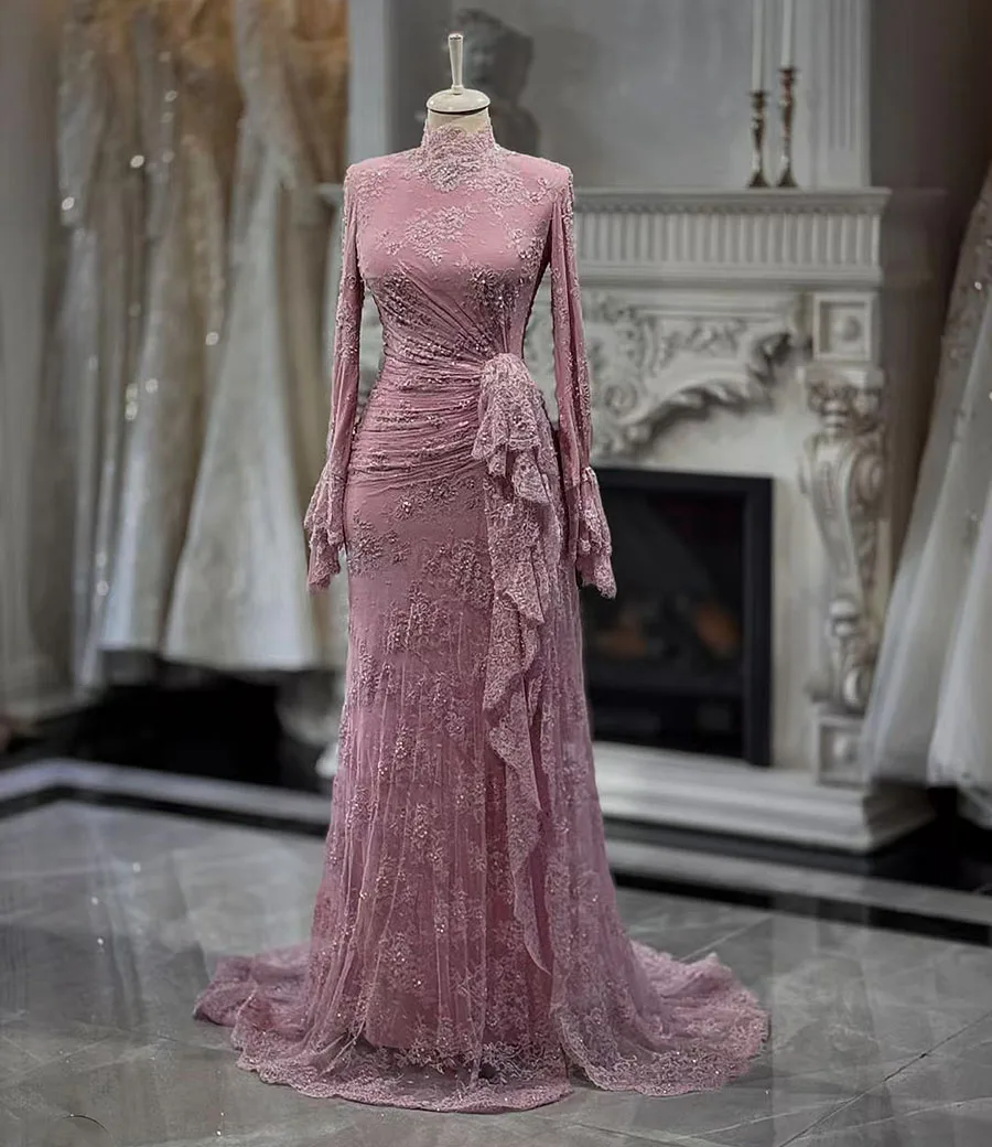 

2025 Pink Elegant Mermaid Lace Romantic Evening Dress Floor Length Long Sleeve Prom Gown Vestidos De fiesta Customized