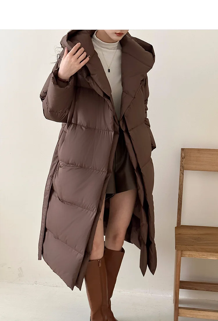 Long Down Coats for Women, Thick Warm Hooded Jacket, Fake Two-Piece, Slim Tie Belt, Winter Fashion, 90% Duck Down