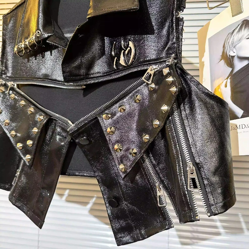 Original Design Dark Punk Style Sweet Cool Women's Short Jacket 2025 Autumn New Rivet Multi-Zipper PU Leather Waistcoat Ladies