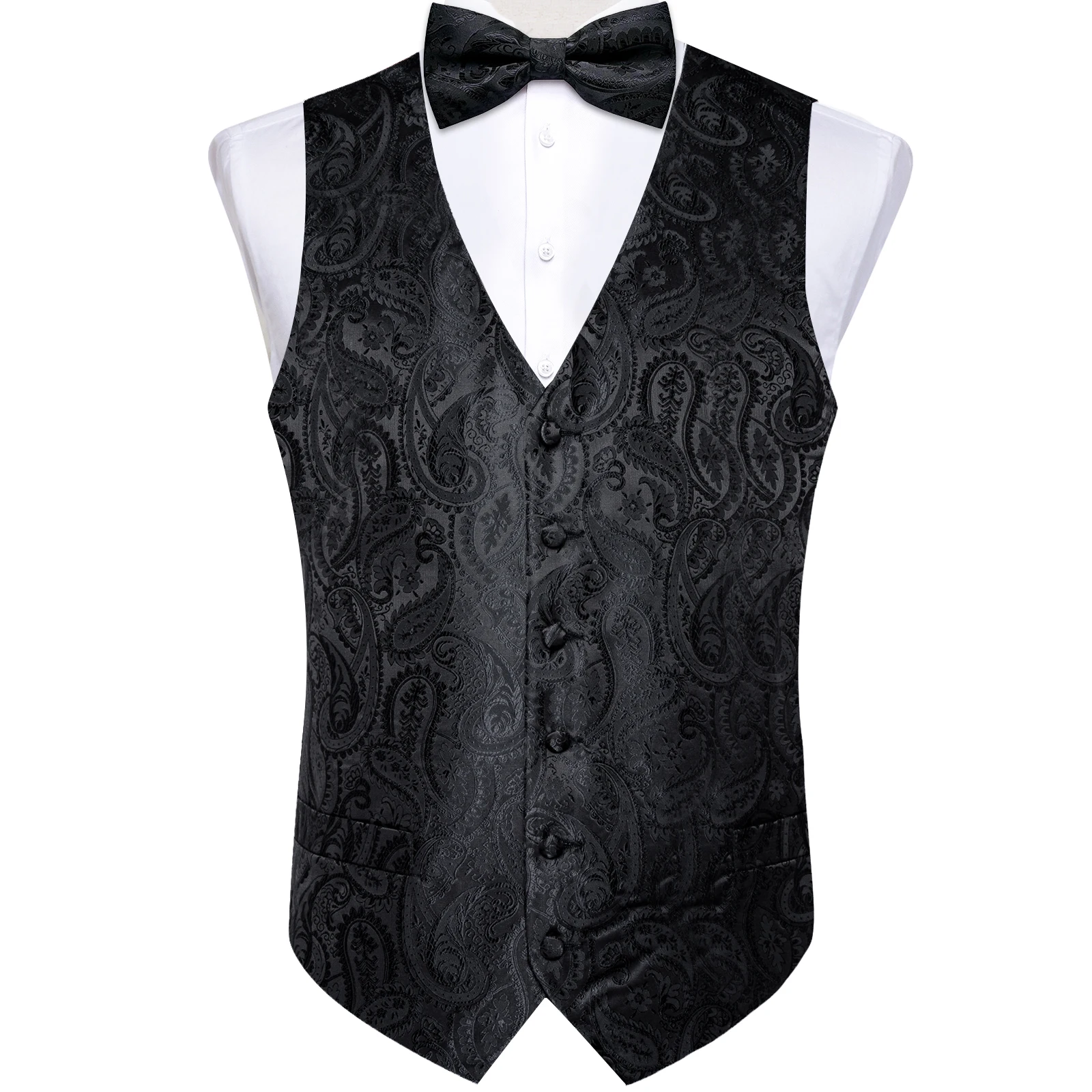 Men Classic Black Paisley Vest Set for Wedding Party Business Fashion V-neck Waistcoat Men Necktie Bow Tie Handkerchief Cufflink