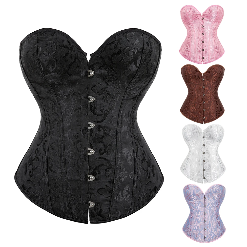 Jacquard Corset Plastic Bones Overbust Corselet Vintage Waist Bustier Top Basques